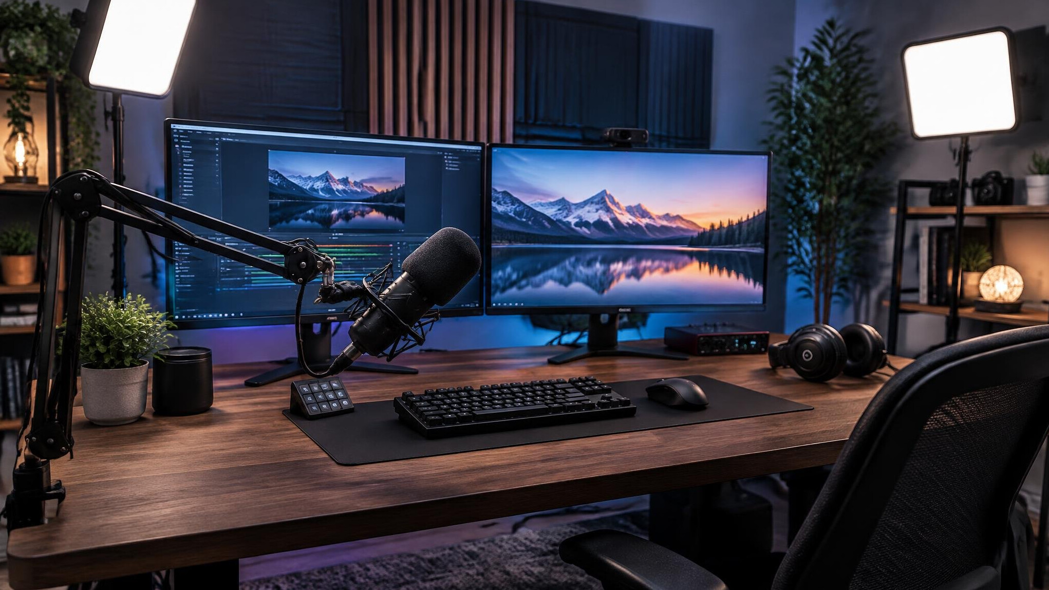 Streaming studio with microphone and monitors