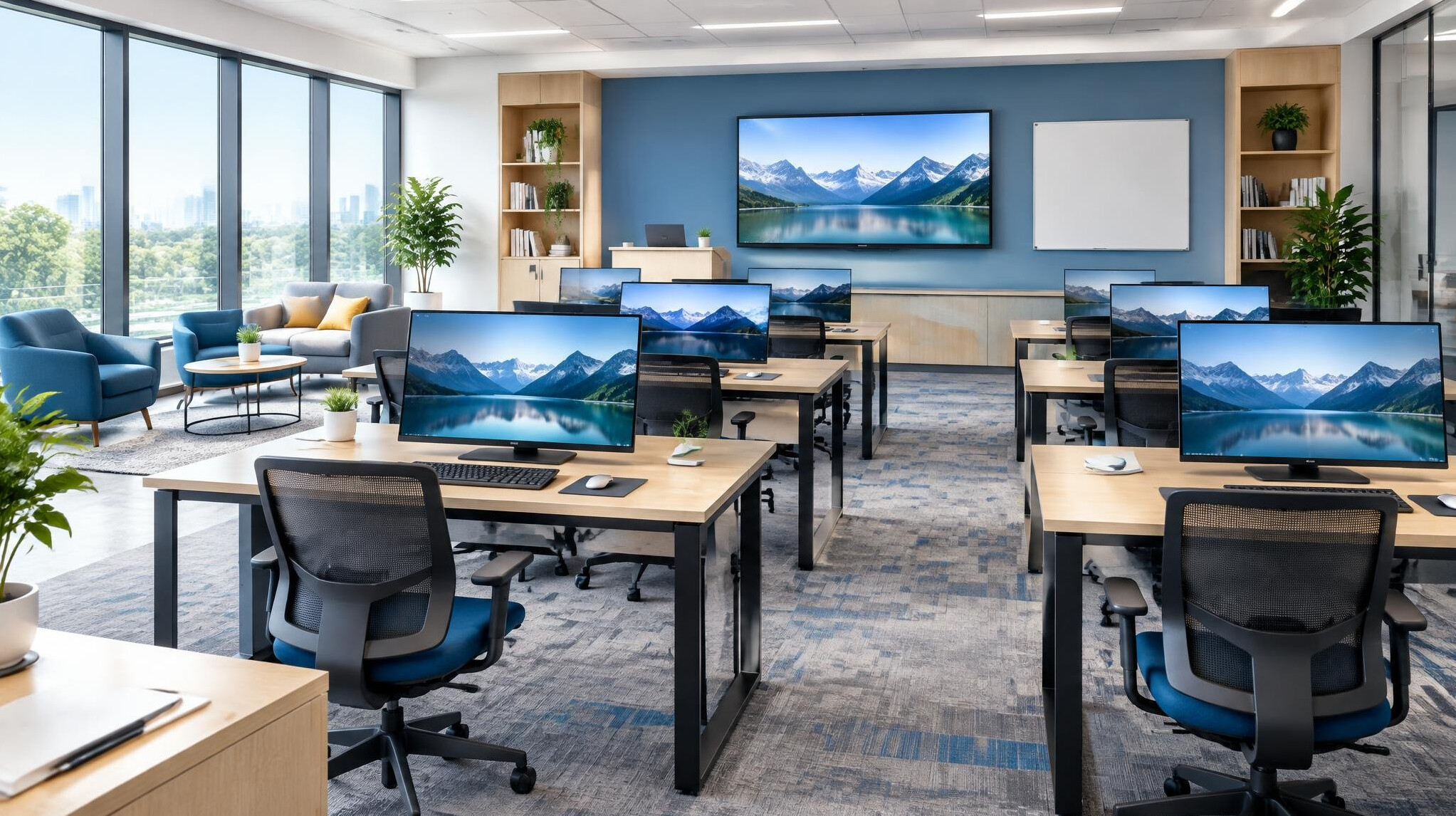 Bright modern workspace with monitors and desks