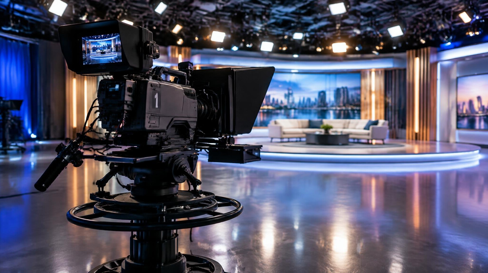 Professional studio television camera on a pedestal